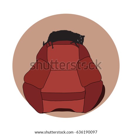 Cartoon cat stretched out on the back of chair and sleeping. In circle. Eps 8. Vector illustration.