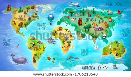children's world map with mainland fauna