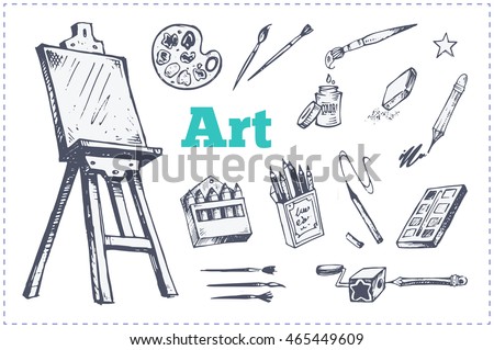 Hand-drawn sketch icons - easel, paint, pencils, brushes. Isolated vector for packaging design, notebooks, web store, school art section. children's cartoon style