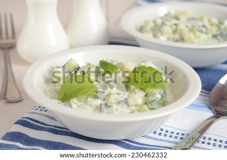 Cucumber salad with yogurt and mint in white bowls on napkins and white background