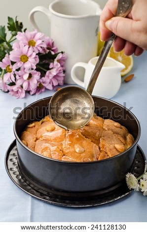 Basbousa (namoora) - arabian semolina cake with almonds and honey syrup