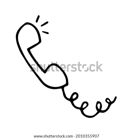 Black and white cartoon telephone handset. Vector illustration in doodle style of telephone receiver. Hand drawn sign of phone for hotline, helpline or support service.