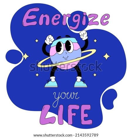 Motivational banner with the inscription - Energize your life. Cute character in the gym. Vector illustration in traditional old-fashioned cartoon style. Colorful print for sports T-shirts