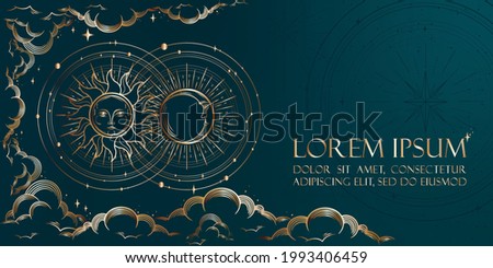Occult banner for astrology, divination, tarot with symbols of moon, sun, stars. Magic background design vector illustration in gold colour. Landing page, web design. Occultism and astrology concept.