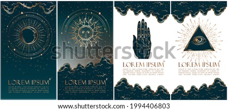 Collection of mysterious vector illustrations in gold colour for stories templates, mobile app, landing page, web design. Occult magic background for astrology, divination, tarot concept. 