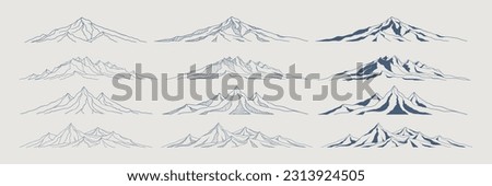 Set of hand drawn vector silhouettes of mountains. Rocky range landscape shape. Hiking mountains peaks, hills and cliffs. Isolated contour vector set. Vintage. Monochrome