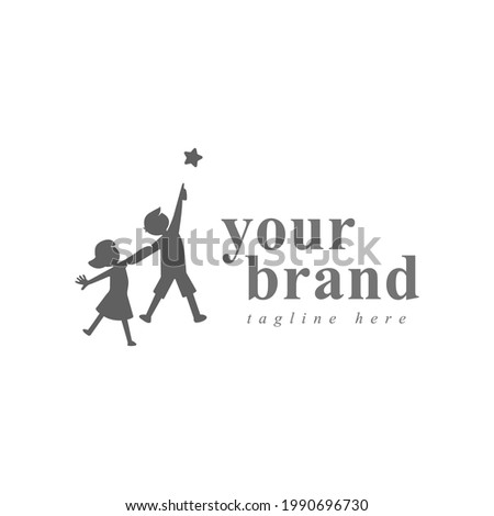 Reach your dreams creative symbol concept. Success, goal, graduate abstract business logo idea. Happy kid, boy and girl silhouette and stars icon. 