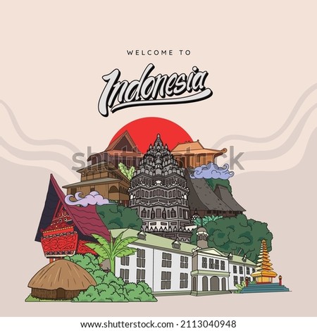 Indonesia Landmark. Hand drawn Indonesian cultures background