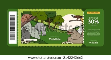 Zoo ticket design with indonesian fauna hand drawn illustration