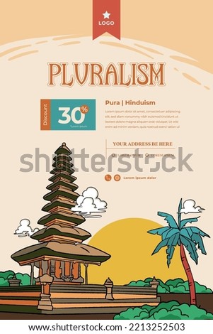 Indonesian Pura Hindu Religion building hand drawn illustration 