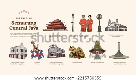 Isolated Semarang central java indonesian culture and landmark hand drawn illustration