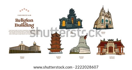 indonesian religion building hand drawn illustration. Mosque, Pura, Church, Vihara and Monastery Building.