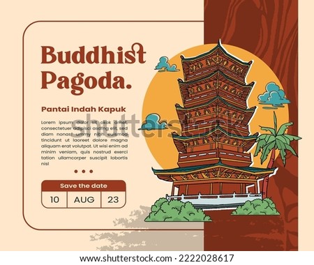 Religion building in Jakarta hand drawn illustration. Event Poster with Buddist Vihara Indonesian background