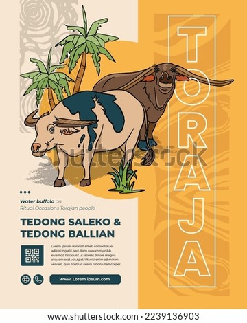 Tedong Saleko and Tedong Ballian, Tana Toraja Water Buffalo Indonesian Culture Handrawn Illustration