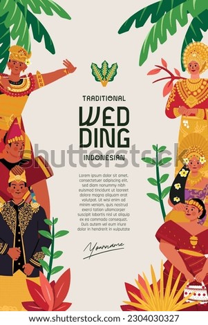 Template layout with Indonesian traditional wedding dress illustration