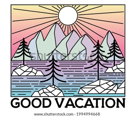 Good summer vacation at the beach. Mountain outdoors vector artwork. Sunrise at the beach design. Beach vibes gradient  color print graphic. 