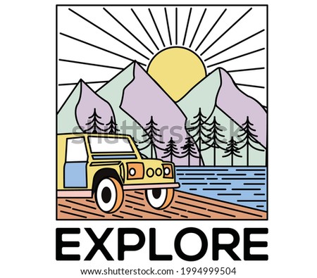 Explore by car vector graphic. Mounting road trip artwork. Summer vibes design for fashion and others. sunrise graphic print design. 