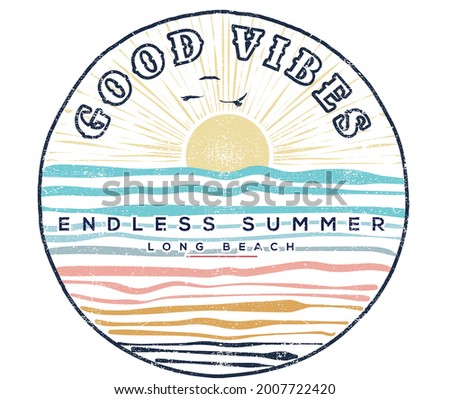 Ocean wave sunshine t shirt design. Summer good vibes artwork for apparel and others. Long beach sticker.  