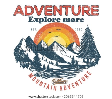 Adventure at the mountain graphic artwork for t shirt and others. Mountain with tree retro vintage print design. 