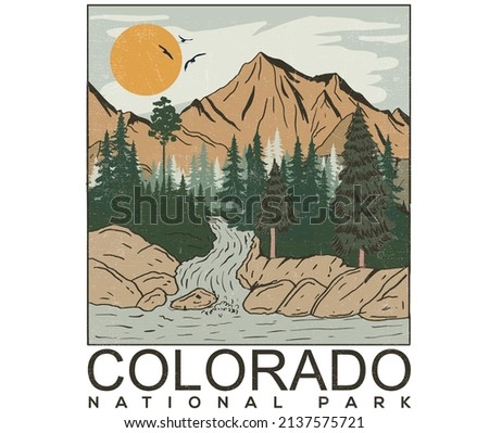 Colorado mountain lake vintage print design for t shirt and others. Mountain national park graphic artwork. 