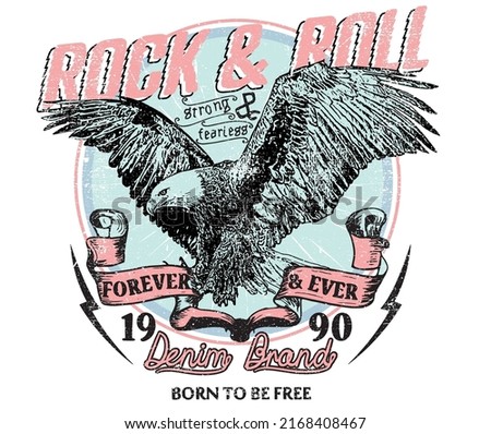 Eagle fly vector artwork design for t-shirt and others. Rock and roll graphic print design for apparel, stickers, posters and background. Music tour logo design.