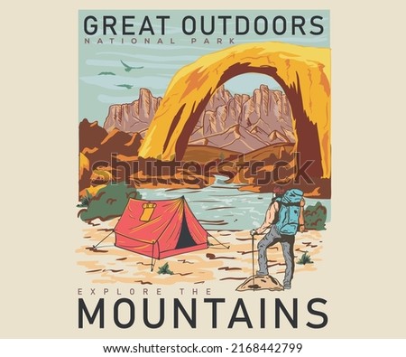 Great outdoors vector print design. Wild life artwork for posters, stickers, background and others. Mountain national park vibes illustration.