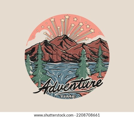 Adventure time, Mountain vibes vector graphic print design for apparel, sticker, poster, background and others. Wild lake t-shirt artwork print design.