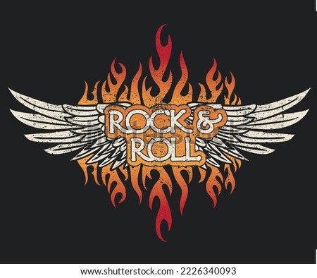 Rock and roll poster design. Rock fire vector print design for poster, sticker, background and others. Wild life illustration. Eagle wing artwork.