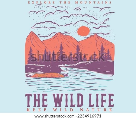 Mountain river vector graphic artwork. Adventure vintage print design for t shirt and others. National park graphic artwork for sticker, poster , background and others. 