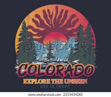 Colorado adventure retro print design for t shirt and others. National park graphic artwork for sticker, poster, background. Mountain adventure. 
