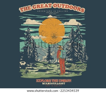 The great outdoors vintage print design for t shirt and others. National park graphic artwork for sticker, poster, background. Mountain adventure. Hiking print.