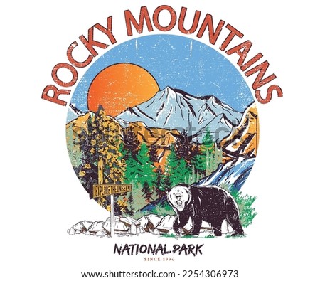 Rocky mountains graphic artwork for t shirt and others. National park print design for apparel, sticker, background, poster and others.