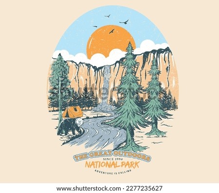 The great outdoor. Take a hike vector print design. Wild lake artwork for posters, stickers, background and others. Outdoor vibes illustration. Mountain adventure. Explore more design. Waterfall.