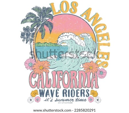 California golden state graphic print. Summer good vibes artwork for apparel. palm long beach illustration vector. Summer flower print. Los angels. Big wave.