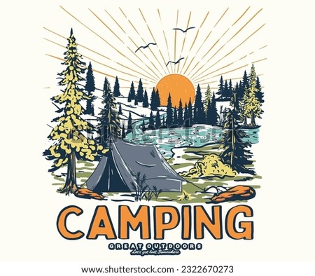 Mountain camping. National park graphic artwork for sticker, poster, background.	 Adventure vintage print design for t shirt and others. 