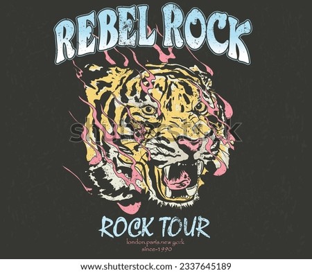 Rebel rock vector print design for t shirt and others. Wild animal graphic print design for apparel, stickers, posters, background . Tiger  face artwork. Tock tour print.