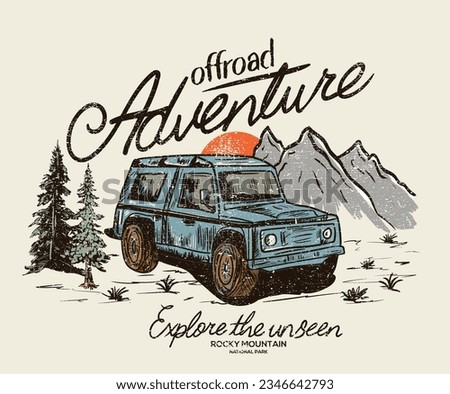 Summer road trip. Off-road adventure artwork for poster, sticker, background and others. Nature is better. All good things are wild and free. Mountain and car design, pain tree. 