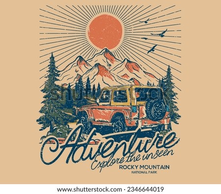 Mountain and car design. Summer road trip. Off-road adventure artwork for poster, sticker, background and others. Nature is better. All good things are wild and free.