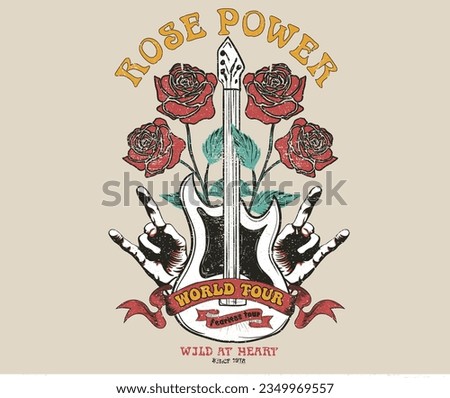 Rose and guitar t-shirt design. Rock and roll vector graphic print design for apparel, stickers, posters, background and others. Wild and free. hand graphic design.