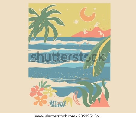 Palm tree beach hand sketch graphic print design for t shirt print, poster, sticker, background and other uses. Abstract modern painting artwork. Ocean wave design.