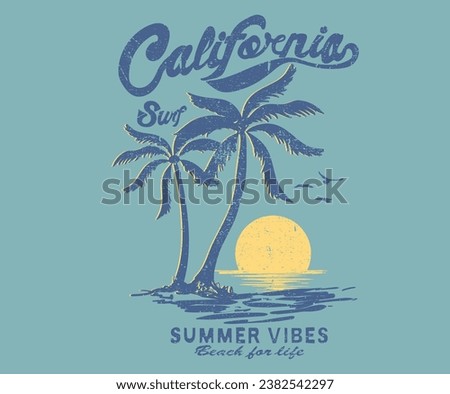 California surf t shirt print. Summer good vibes. Paradise Print t shirt graphics design, typography slogan on palm trees background.  Beach summer time vintage print design artwork.  Pam tree.