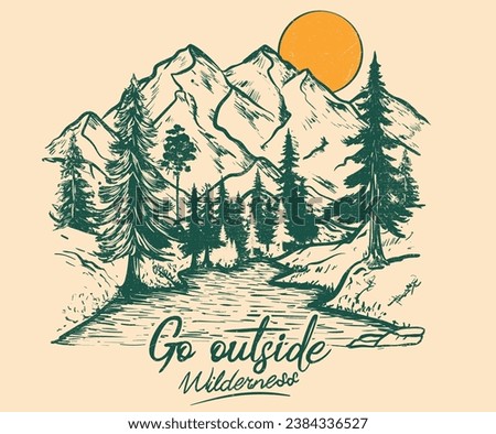Mountain with tree vintage print design. Mountain with sunset and river. Go outside vector print design. Mountain adventure artwork design. Wild national park illustration.