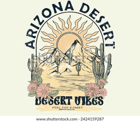 Cactus and flower artwork. Desert national park, Desert vibes vector graphic print design for apparel, sticker, poster, background and others. Arizona t-shirt artwork design.	