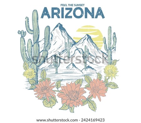 Desert national park, Arizona t-shirt artwork design. Desert vibes vector graphic print design for apparel, sticker, poster, background and others. Cactus and flower artwork. 