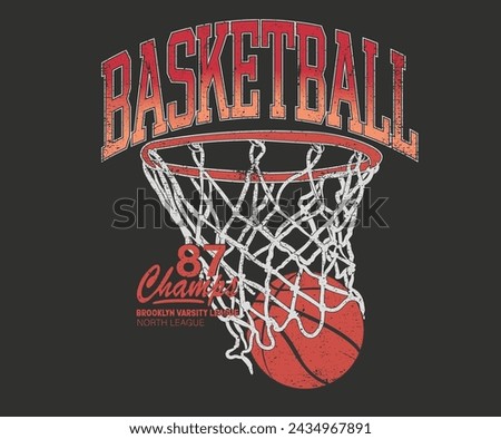 Basketball college league. Vintage artwork for sportswear. Sport logo. College font. Basketball club vector t-shirt design. New York basketball league graphic print design. Champion tournament. 