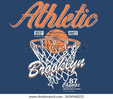 Brooklyn basketball league graphic print design. Champion tournament. Basketball college league. Vintage artwork for sportswear. Sport logo. College font. Basketball club vector t-shirt design. 