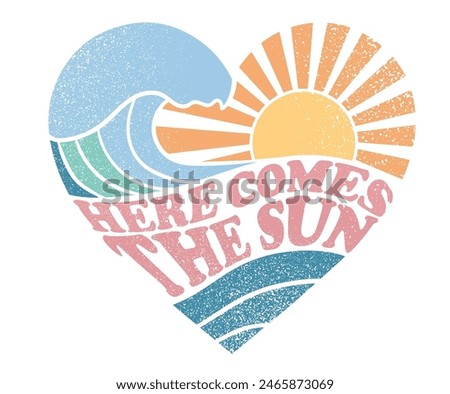 Here comes the sun. Wave love club print design. Sunshine beach artwork. Beach vibes artwork. Summer design for t shirt print, sticker, background and other uses. 