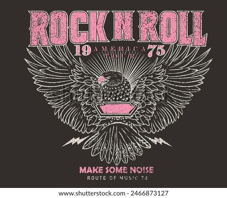 Rock and roll graphic print design for apparel, stickers, posters and background. Eagle fly vector artwork design for t-shirt and others.