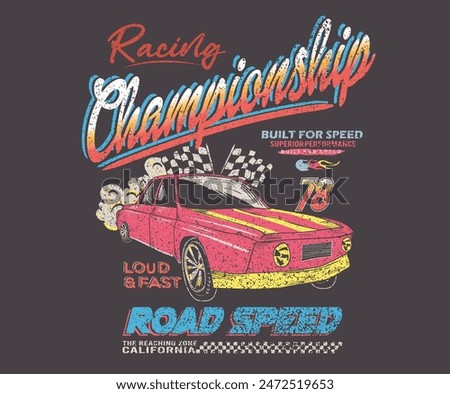 Racing club vector t-shirt print design. American racing. Car championship. Car print design for t shirt print, poster, sticker, background and other uses.