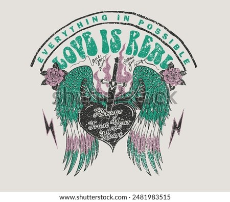 Everything is possible. Love is real. Heart with knife artwork, Eagle wing vector t-shirt design. America eagle rock and roll poster design. Music festival artwork. Rose. Freedom music tour.